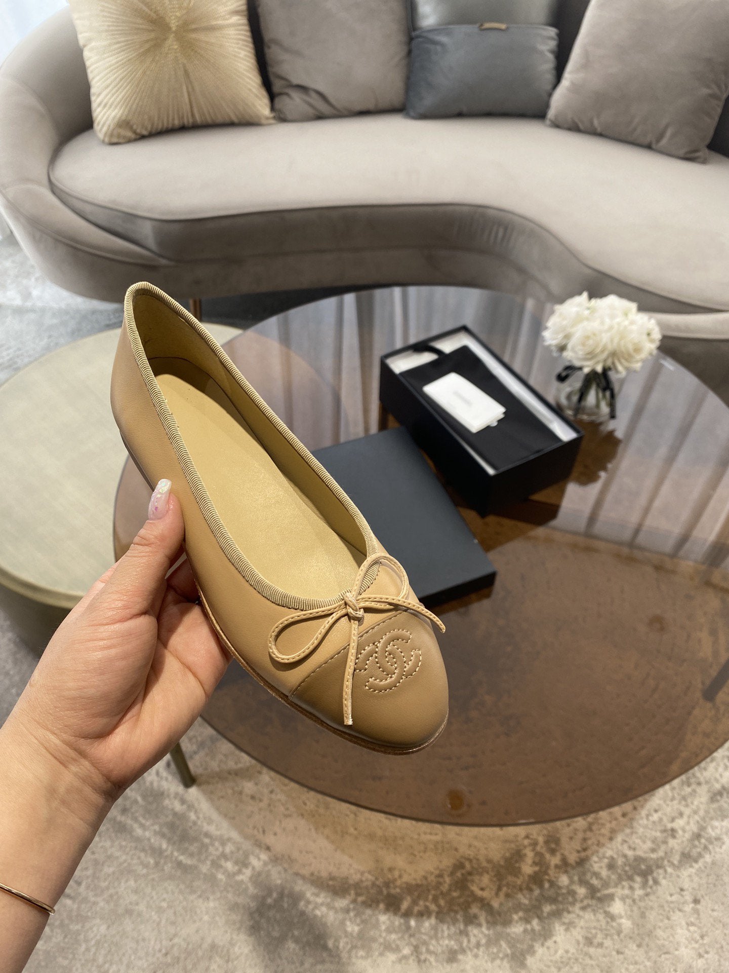 CHANEL BALLET FLATS BEIGE BROWN LAMBSKIN