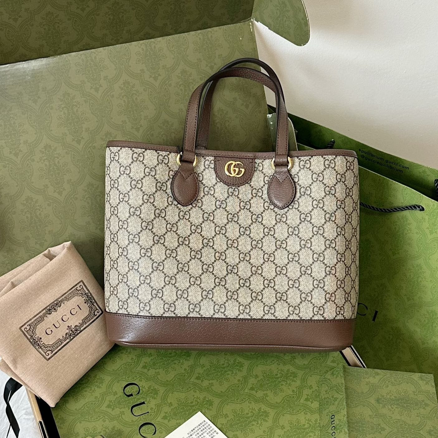 GUCCI OPHIDIA SMALL TOTE BAG 31 BEIGE CANVAS AND BROWN CALFSKIN