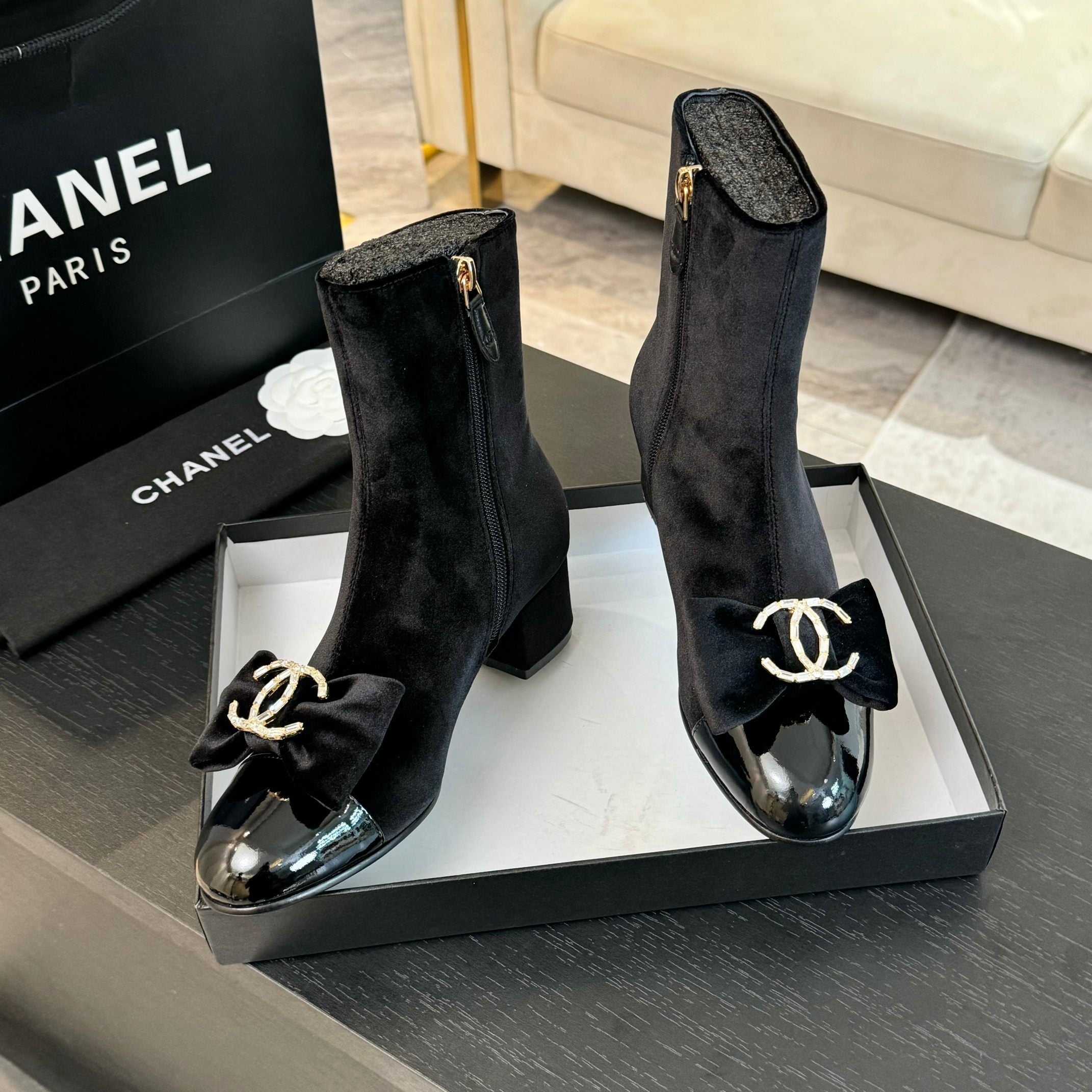 CHANEL SHORT BOOTS IN BLACK VELVET AND LAMBSKIN