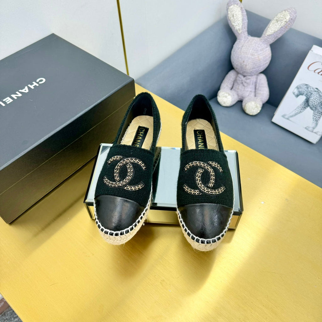 CHANEL ESPADRILLES PLATFORM 25S IN BLACK KNITTED WOOL AND LAMBSKIN